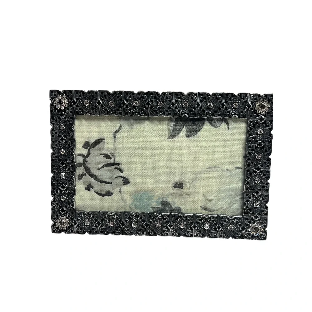 Anthropologie Filigree Metal Picture Frame Rhinestone Floral Pewter 4x6 Display